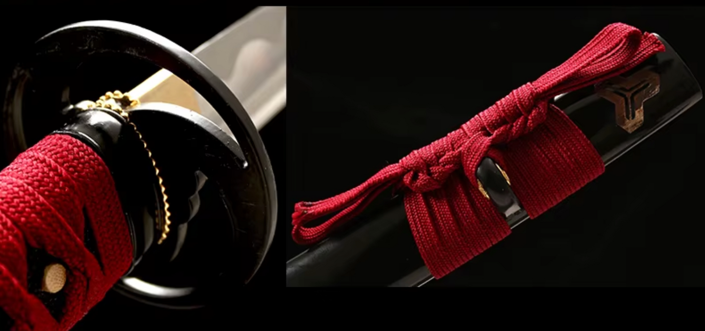 Katana Takeru — Tressage rouge profond — Saya noire & motif oni