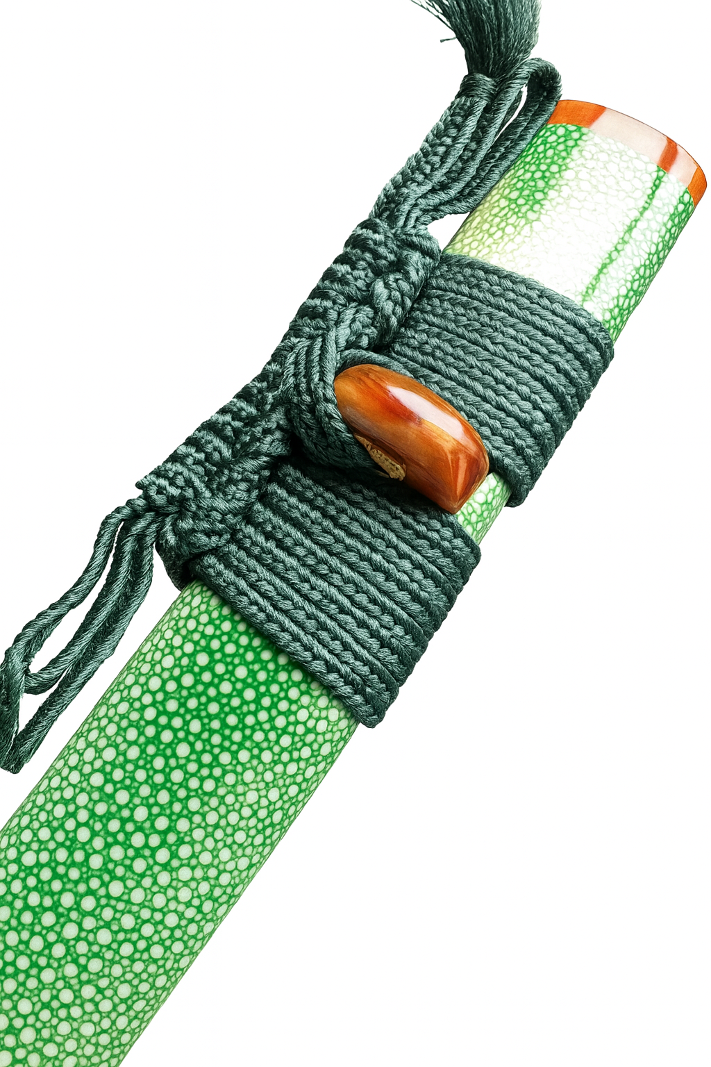 Katana SS238 – lame acier avec saya en rayskin vert et tsuba cuivre rouge