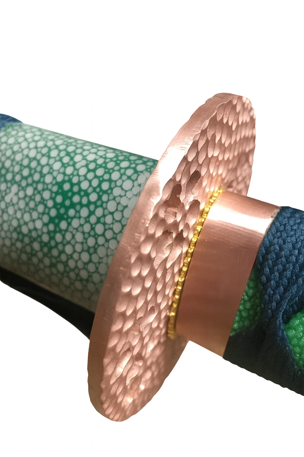 Katana SS238 – lame acier avec saya en rayskin vert et tsuba cuivre rouge