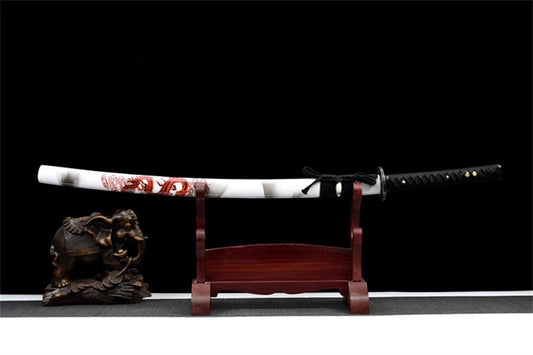 Katana Ryūka — Dragon rouge — Lame noire & ornements feu