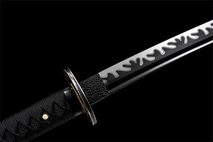 Katana Ryūka — Dragon rouge — Lame noire & ornements feu