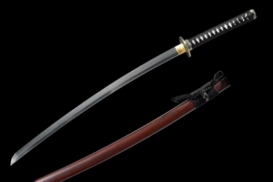 Katana SS260 – Lame trempée à l’argile, tsuba dragon en laiton et saya en bois rouge