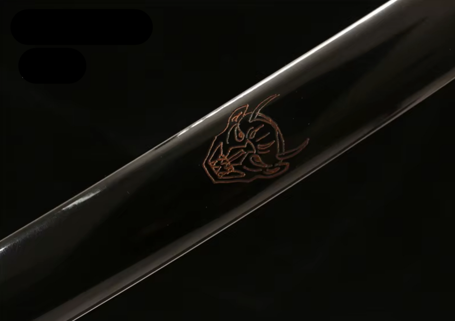 Katana Takeru — Tressage rouge profond — Saya noire & motif oni