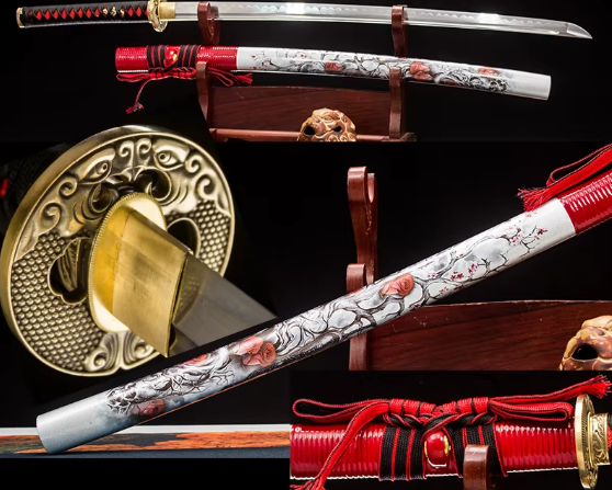 Katana 9505020 – Lame forgée, saya blanche florale et tsuba dorée