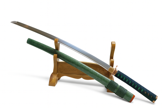 Katana SS238 – lame acier avec saya en rayskin vert et tsuba cuivre rouge
