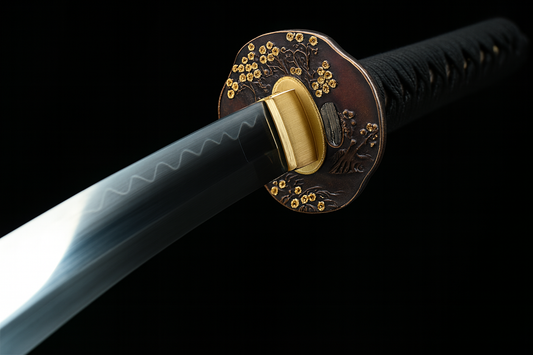 Katana Showhigh SS429 – lame acier trempée à l’argile, saya gravé nacré et tsuba dorée