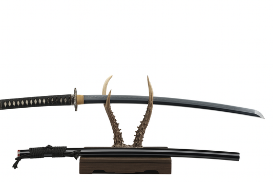 Katana SS432 – lame acier trempée à l’argile, tsuba samouraï dorée et argentée