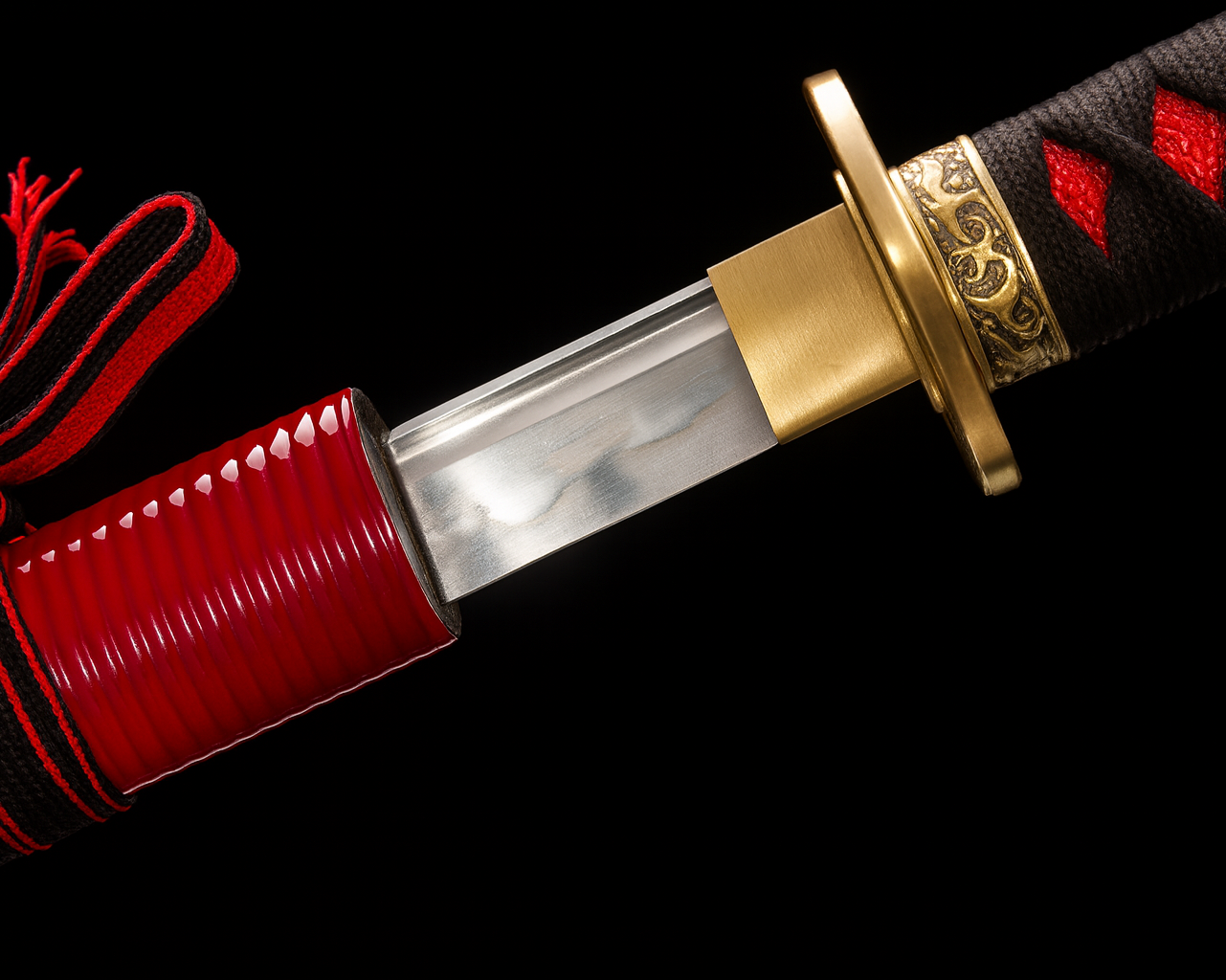 Katana 9505020 – Lame forgée, saya blanche florale et tsuba dorée