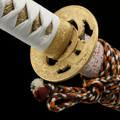 Katana Yuki SS442 — forgé à la main, saya blanche aux éclaboussures rouges et tsuba dorée sculptée — Atelier Kensei