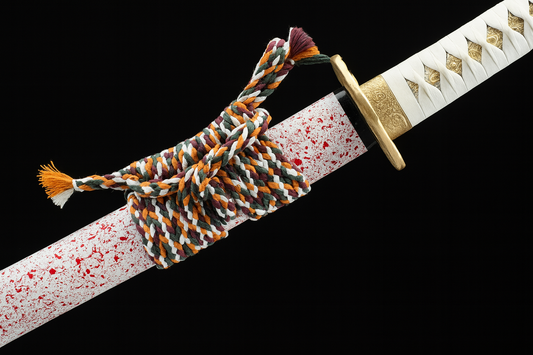 Katana SS442 – Lame forgée, saya blanche éclaboussée et tsuba dorée sculptée