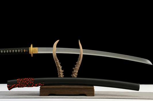 Katana SS127 – Lame forgée à la main, tsuba dorée et saya noir laqué