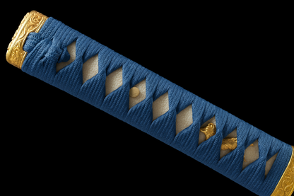 Katana Raikō SS597 — acier damassé forgé à la main, saya bleu profond et tsuba en laiton — Atelier Kensei