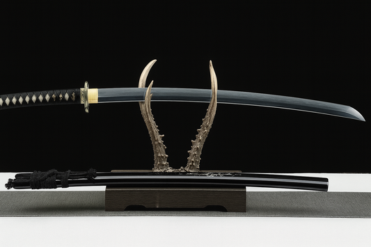 Katana Showhigh SS429 – lame acier trempée à l’argile, saya gravé nacré et tsuba dorée