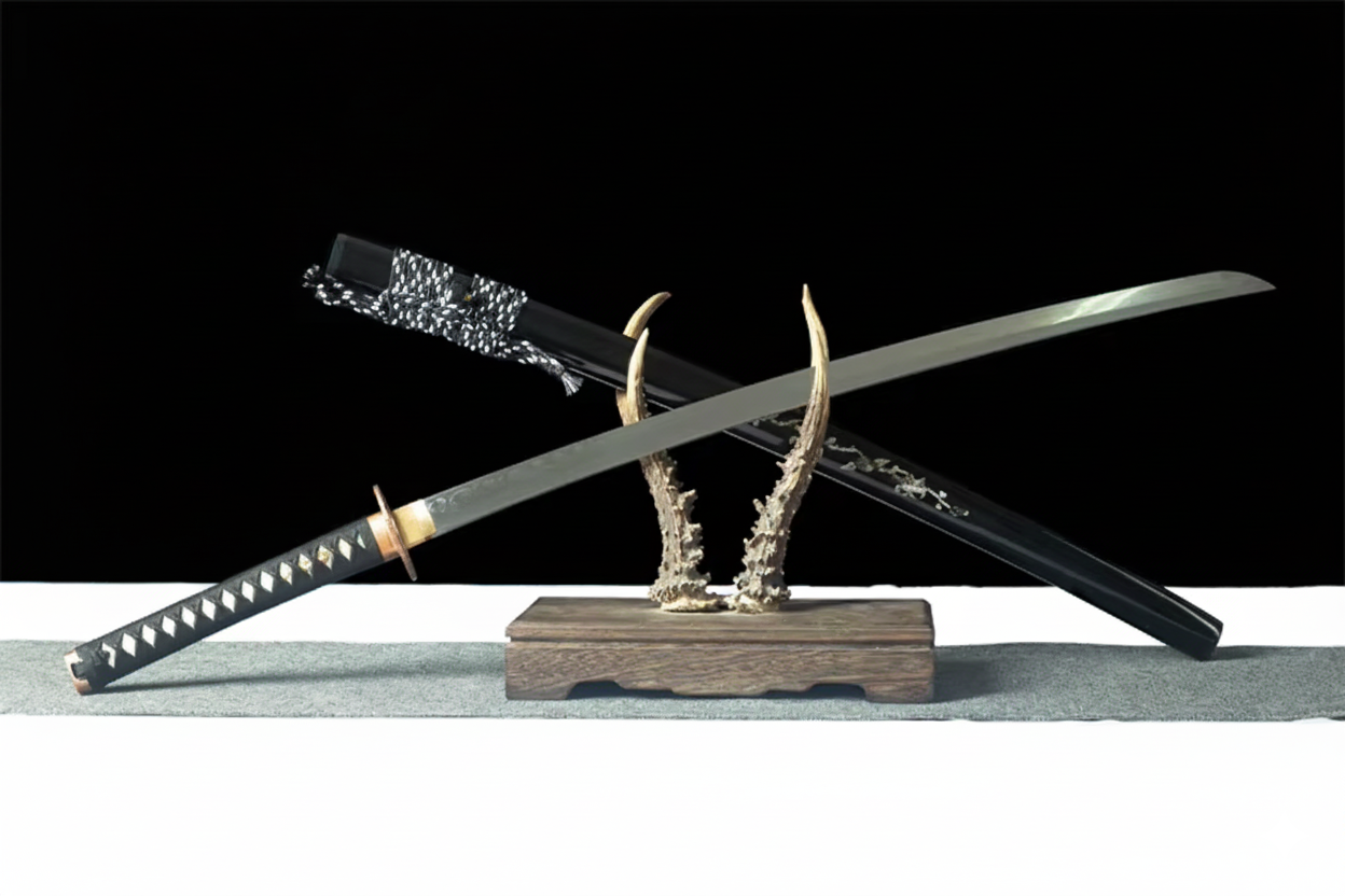 Katana SS554 – lame acier trempée à l’argile, saya gravé à motifs floraux nacrés