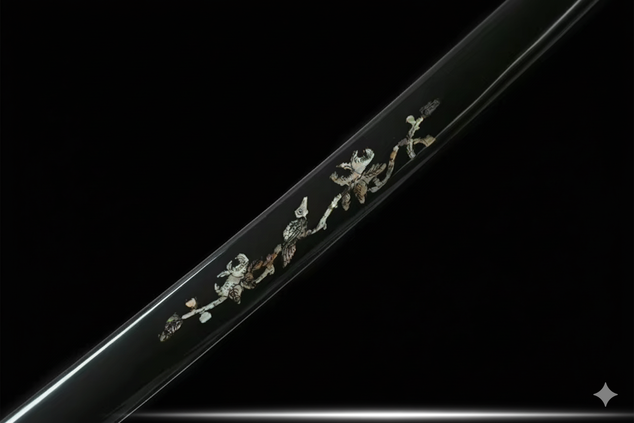 Katana SS554 – lame acier trempée à l’argile, saya gravé à motifs floraux nacrés