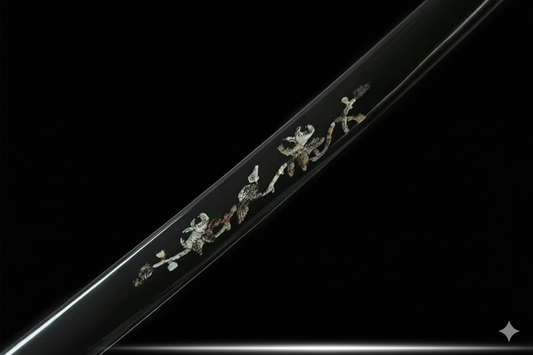 Katana SS554 – lame acier trempée à l’argile, saya gravé à motifs floraux nacrés