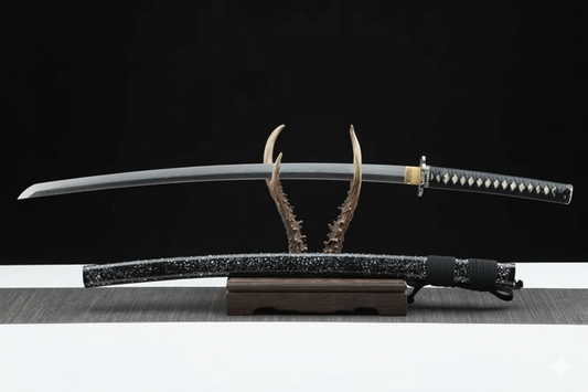 Katana SS303 – lame acier trempée à l’argile, saya nacré et monture noire