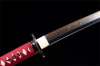 Katana Oni — Lame noire polie main — Saya peau de raie & tsuka rouge