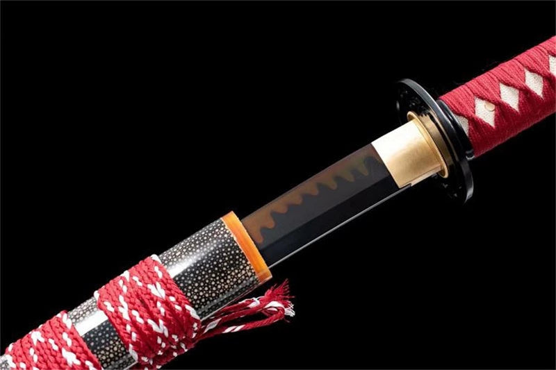 Katana Oni — Lame noire polie main — Saya peau de raie & tsuka rouge